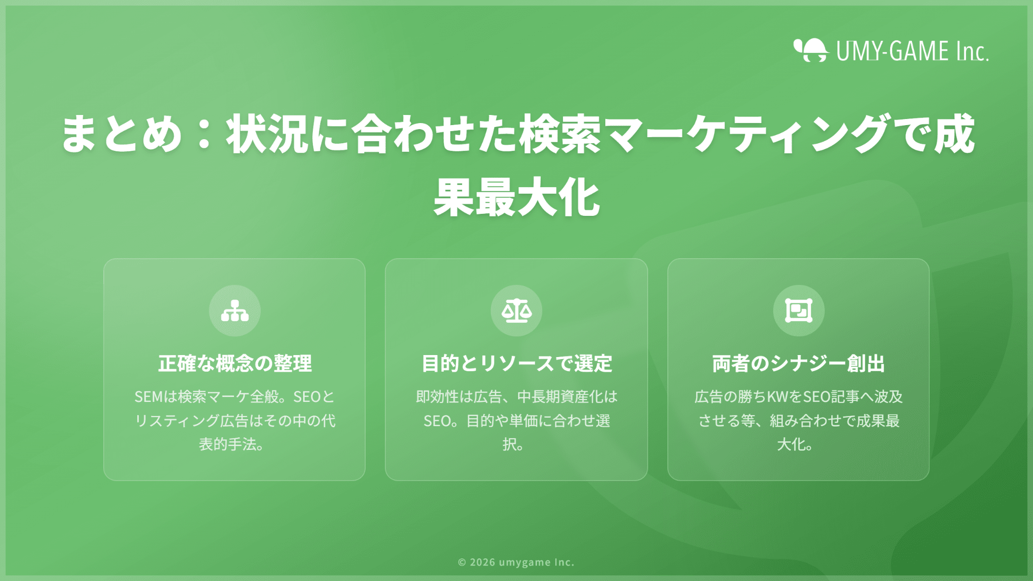 まとめ：自社の状況に合わせた検索マーケティングで成果を最大化しよう