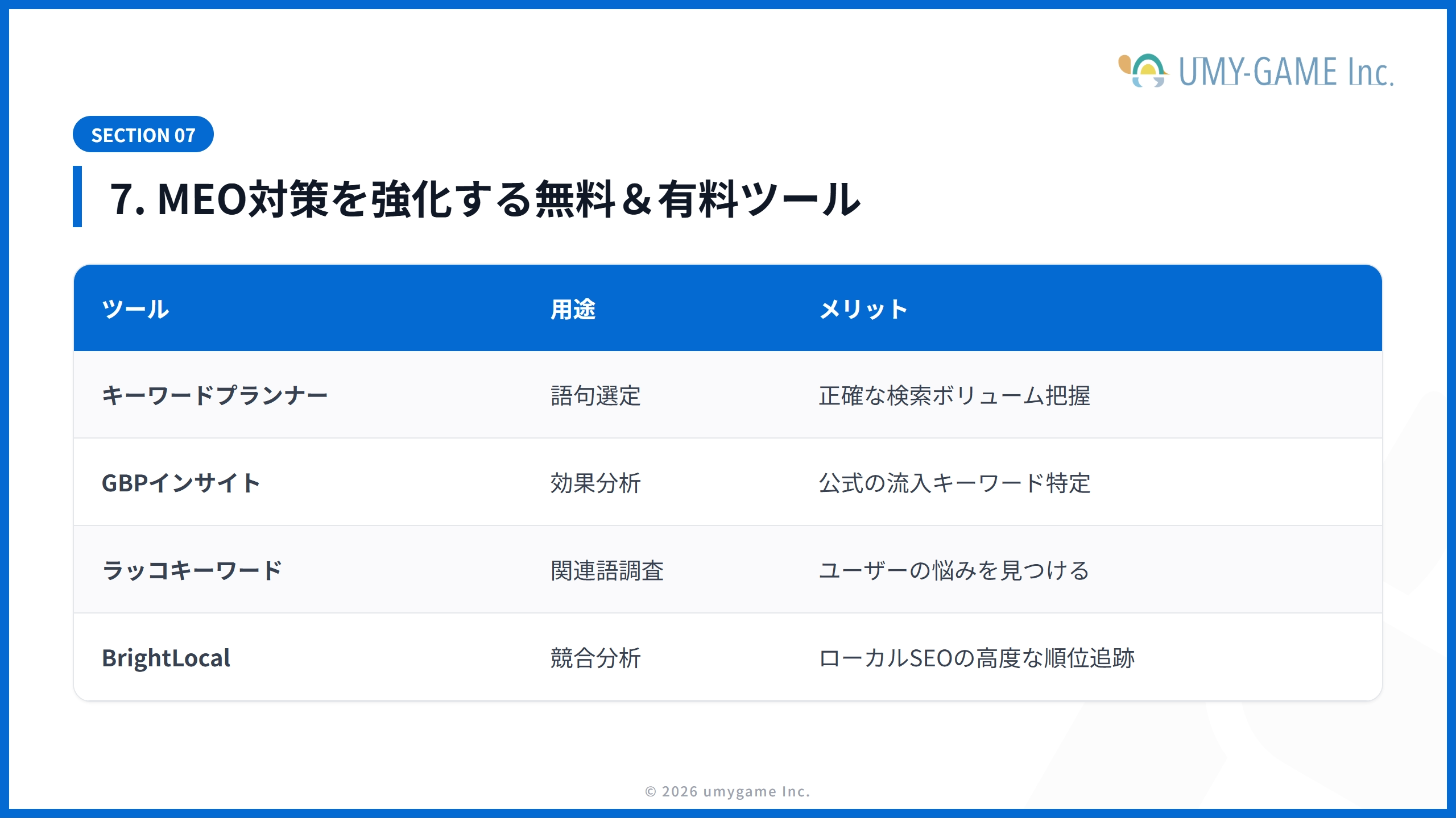 7. MEO対策を強化する無料＆有料ツール