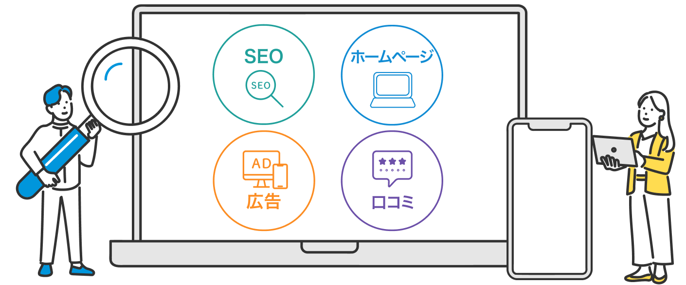 SEO・ホームページ・広告・口コミを調べる歯科医院関係者のイラスト