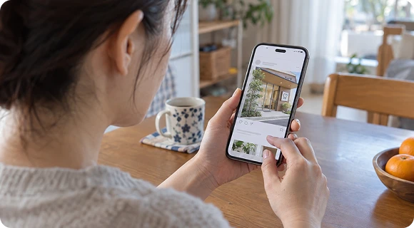 スマートフォンで動画を見る女性